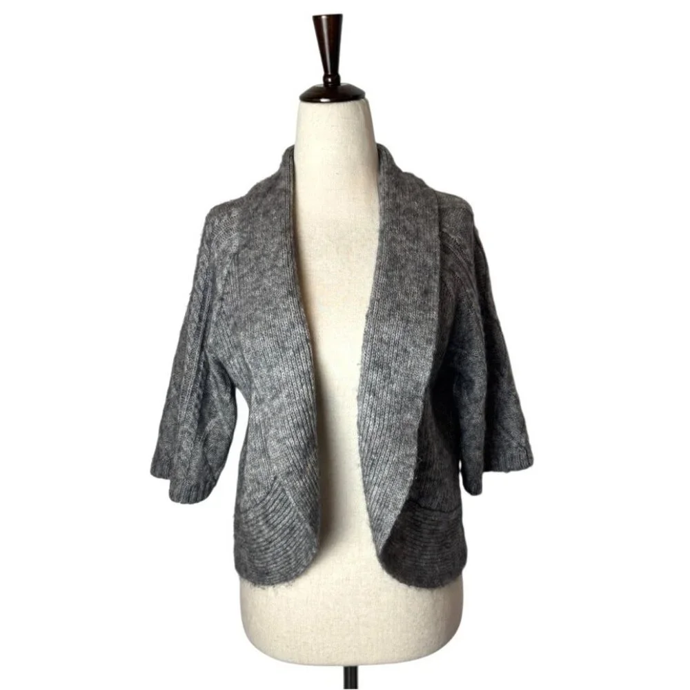 Chico's‎ Sweater Women Medium Gray Wool Blend Cable Knit Open Bolero Cardigan
